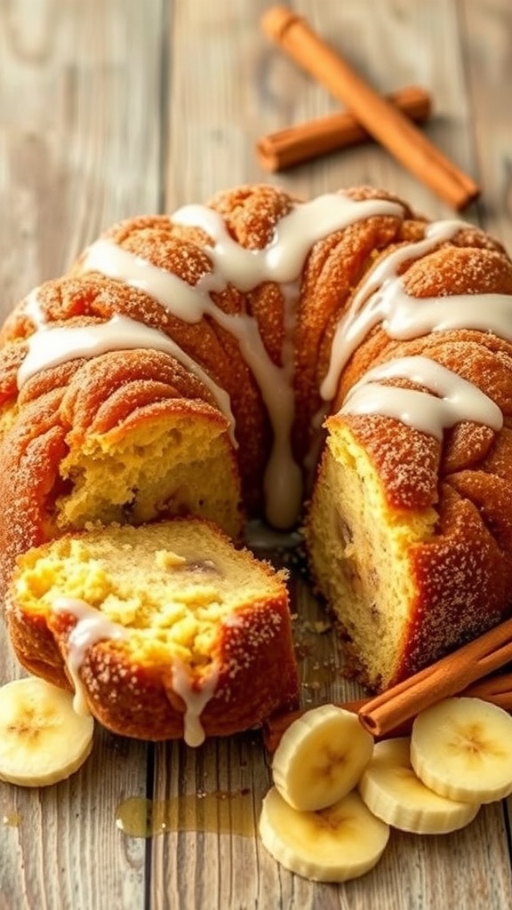 A freshly baked banana monkey bread with cinnamon sugar, served on a wooden table.